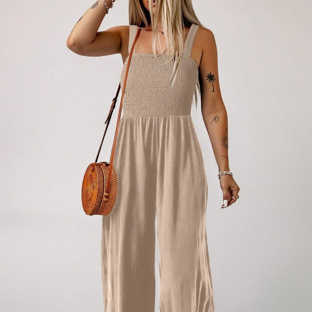 Khaki Casual Women's Vacation Loose Square Neck Jumpsuit